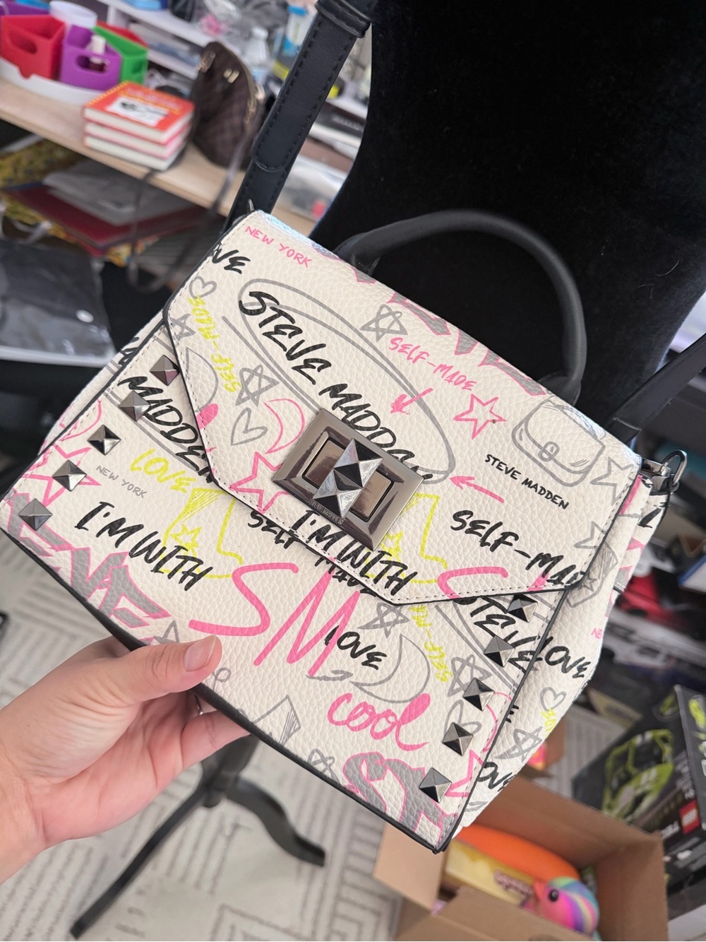 Steve Madden White Graffiti Top-Handle Crossbody with Black Trim - Picture 2 of 3